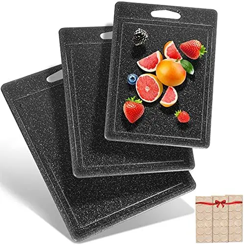 Produktbild: DIFULI Schneidebrett Set 3-teilig Granitoptik, 100% Rutschfeste Aufkleber und Saftkanal, BPA-Free, mit Griff Schneidebretter Kunststoff Antibakteriell, Küchenzubehör, Küchen Gadgets, Küchenhelfer