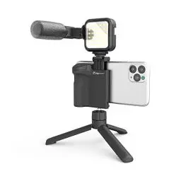 Produktbild: DigiPower Vlogging Set Follow me mit LED-Videoleuchte + Mikrofon + Kameragriff mit Handy Halterung + Mini-Stativ, kompatibel mit Smartphones, für TikTok, YouTube, Live-Streaming und Meetings