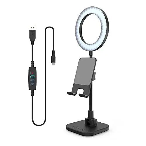Produktbild: digipower LED Ringlicht Schreibtischlampe mit Smartphone- und Tablet-Halterung inkl. Akku, höhenverstellbar, für Videocalls am Arbeitsplatz und Home Schooling, schwarz, DP-WSH-PH6, weiß