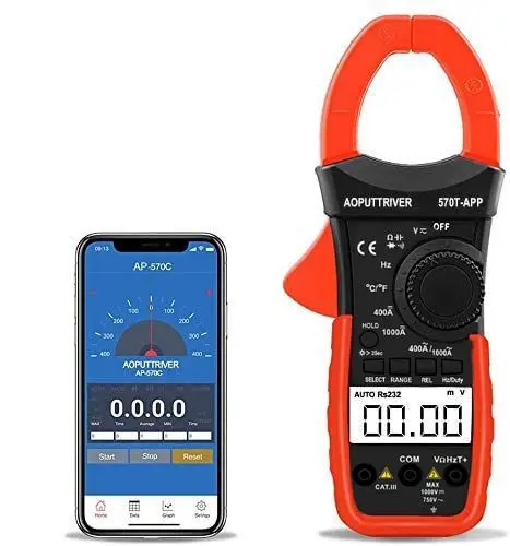 Produktbild: Digital Clamp Meter Stromzange Bluetooth AP-570T-APP 4000 Counts Auto Range AC/DC Spannung, Strom,Widerstand, Kapazität, Temperatur,Durchgang mit APP über Bluetooth
