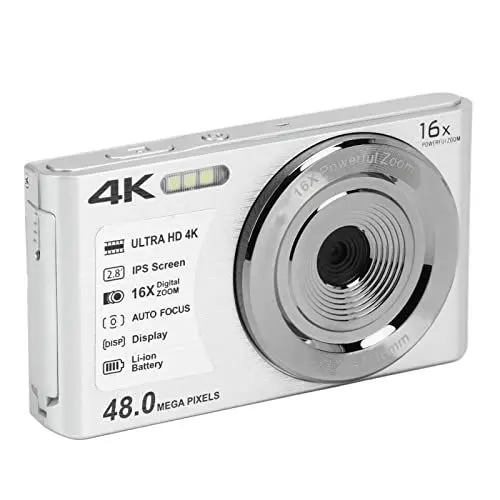 Produktbild: Digital Kamera, 4K-Digitalkamera, 16X Digital Zoom, 48MP 2,8-Zoll-Bildschirm, Eingebautes Füll Licht, Tragbare Kamera für Anfänger (Silber)