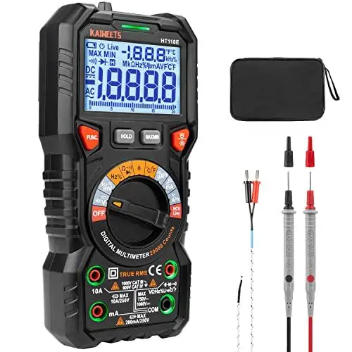 Produktbild: Digital Multimeter mit LED-Buchsen, KAIWEETS HT118E Strommessgerät, True RMS Auto-Range 20000 Zähler, misst Spannung,Kapazität, Temperatur, Widerstand für Elektriker