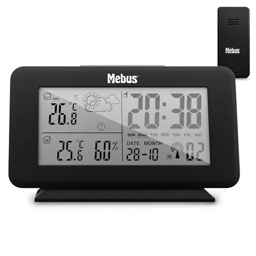 Produktbild: Digitale Funk-Wetterstation 40689 mit Außensensor, Thermometer innen und aussen, batteriebetriebene Funkstation und -sender, Schwarz