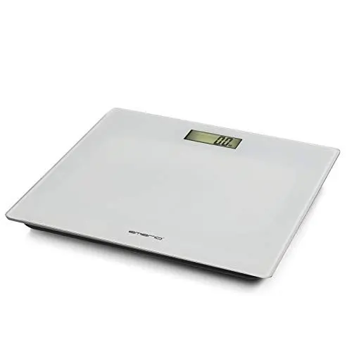 Produktbild: Digitale Personenwaage von Emerio mit präzisen Sensoren, Step-On-Technik, inkl. 2x AAA Batterien, LC-Display, Einheiten in kg/lb/st, bis max. 180kg, Ultraschlank, Auto Off, Glas Weiß, 28x28x2cm
