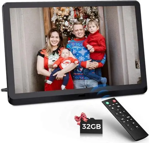Produktbild: Digitaler Bilderrahmen 10.1 Zoll, FamBrow Elektronischer Bilderrahmen Full IPS Bildschirm Auto-Rotat Design, Foto/Musik/Video-Player/Kalender/Alarm mit Fernbedienung, 32G SD-Karte (Non WiFi)