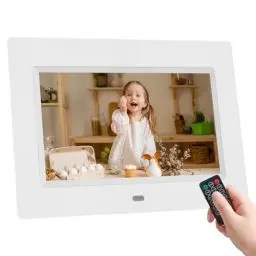 Produktbild: Digitaler Bilderrahmen 7 Zoll, HD IPS Bildschirm Elektronischer Bilderrahmen mit Fernbedienung Foto/Video/Musik/Kalender Unterstützung USB SD Karte (Weiß)