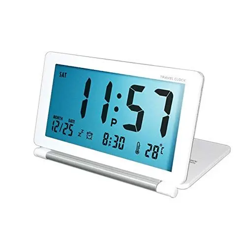 Produktbild: MRSTORY Digitaler Reisewecker, Batteriebetrieben, LCD-Uhr mit Temperatur, Datum, Schlummerfunktion, Nachtlicht und PU-Lederbezug, Weiß/schwarz, Kompakt, Tragbar, Leicht, Praktisch für