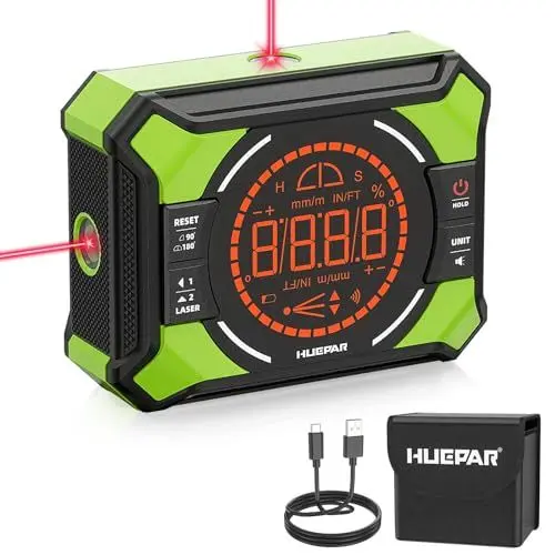 Produktbild: Digitaler Winkelmesser, Huepar 3-in-1 Digital LCD Neigungsmesser mit Laser Nivellierungs Funktion, Winkelmessgerät Inklinometer mit Laser, Bevel Box Winkelmessgerät Wasserwaage, IP54 Wasserdicht