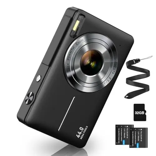 Produktbild: Digitalkamera 44MP FHD 1080p Fotoapparat Digital Kamera mit 32G Karte Fotokamera mit Batterie Einfache Tragbare 16X Digitalzoom Digitalkamera für Kinder Teenager Student Senioren Anfänger (Schwarz)