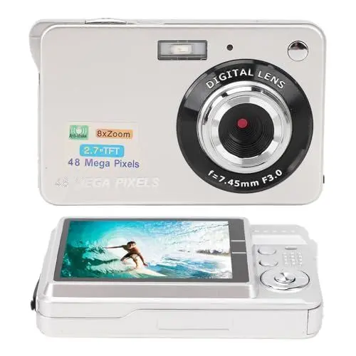 Produktbild: Digitalkamera, 48 MP, 8-facher Zoom, 2,7-Zoll-TFT-LCD-Bildschirm, HD 1080P, Taschenlampe, Anti-Shake-Vlogging-Videokamera mit Tragetasche, für Familie, Reisen