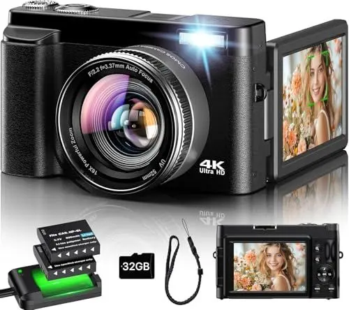 Produktbild: Digitalkamera 4K, 16X Autofokus Digitalzoom Kamera, 48MP 3 Zoll 180° Klappbarer LCD-Bildschirm HD Kompakte Vlog Kamera mit Ladestation, 2 Akkus, 32GB Karte, Geeignet für Anfänger, Kinder