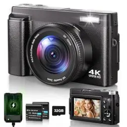 Produktbild: Digitalkamera 4K, 48MP 16X Autofokus Digitalzoom Fotokamera, 3 Zoll 180° Flip LCD Screen HD Kompakte Vlog Kamera mit Ladestation, 2 * 800 mAh Akkus, 32GB Karte für Anfänger, Kinder