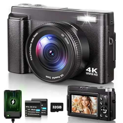 Produktbild: Digitalkamera 4K, 48MP 16X Autofokus Digitalzoom Fotokamera, 3 Zoll 180° Flip LCD Screen HD Kompakte Vlog Kamera mit Ladestation, 2 * 800 mAh Akkus, 32GB Karte für Anfänger, Kinder