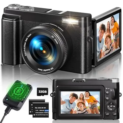 Produktbild: Digitalkamera 4K, 48MP 16X Autofokus Digitalzoom Kamera, 3 Zoll 180° Klappbarer LCD-Bildschirm HD Kompakte Vlog Kamera mit Ladestation, 2 * 800 mAh Akkus, 32GB Karte, Geeignet für Anfänger, Kinder