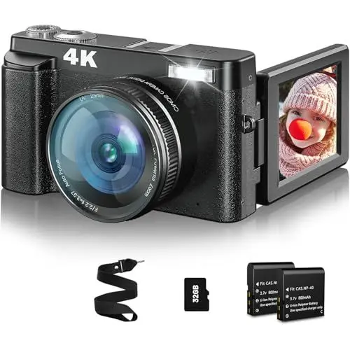 Produktbild: Digitalkamera 4K 48MP Fotoapparat Fotokamera Kompaktkamera mit 180° Flip-Bildschirm 32G Karte Autofokus Blitzlicht Makrofotografie 16X Digital Zoom Digitalkamera für Anfänger Geschenk