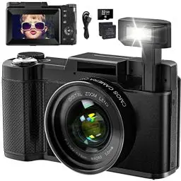 Produktbild: Digitalkamera 4K 48MP Vlogging Kamera für YouTube 16X Digitalzoom mit Makro-Funktion &Liftable Flash, Kompaktkamera für Fotografie 3'' 180° Flip Screen, 32GB TF Karte, 2 Batterien