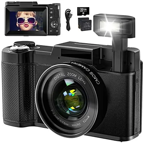 Produktbild: Digitalkamera 4K 48MP Vlogging Kamera für YouTube 16X Digitalzoom mit Makro-Funktion &Liftable Flash, Kompaktkamera für Fotografie 3'' 180° Flip Screen, 32GB TF Karte, 2 Batterien