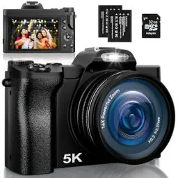 Produktbild: Digitalkamera 5K, 48MP 16X Digital Zoom Fotokamera mit 32G SD-Karte, Autofokus WiFi Kompaktkamera 6 Achsen Stabilisierung Reisekamera mit UV-Filter und 2 Akkus für Anfänger, Kinder, Vloggen