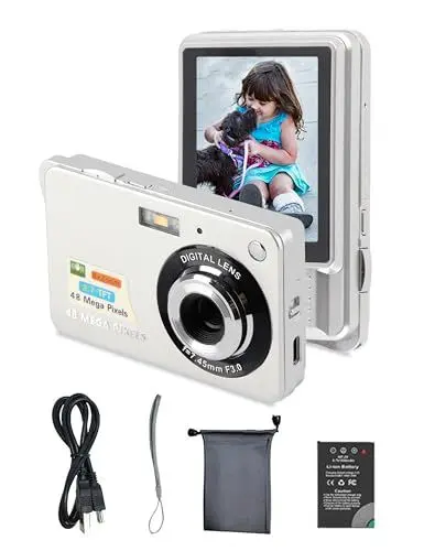Produktbild: Sxhlseller Digitalkamera - 8-facher Zoom 2,7 Zoll Bildschirm Studentenkamera mit Fülllicht, Wiederaufladbar und Speicher, 4K 48 MP, Vlogging Kamera für Teenager Geschenke (Silver)