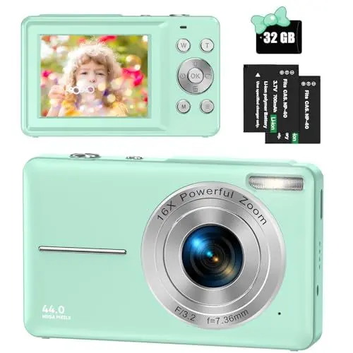 Produktbild: Digitalkamera 44MP 1080P HD Fotokamera mit 32GB Karte, Kompaktkamera 16X Digitalzoom mit 2 Wiederaufladbare Batterien, Fotoapparat für Kinder, Teenager, Anfänger, Jungen, Mädchen(Grün)