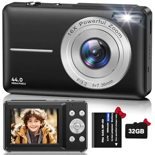 Produktbild: Digitalkamera Fotokamera HD 1080P 44MP, Fotoapparat mit 32GB Speicherkarte, Wiederaufladbare Kamera fotokamera mit 16X Digitalzoom digicam für Kinder, Erwachsene, Mädchen, Jungen(Schwarz)