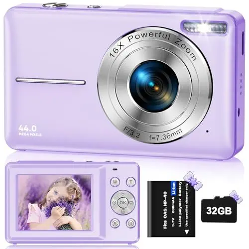 Produktbild: Digitalkamera Fotokamera HD 1080P 44MP, Fotoapparat mit 32GB Speicherkarte, Wiederaufladbare Kamera fotokamera mit 16X Digitalzoom digicam für Kinder, Erwachsene, Mädchen, Jungen(Lila)