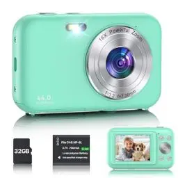 Produktbild: Digitalkamera, Fotokamera Kompaktkamera mit 32GB Karte, 1080P 44MP Kamera Fotokamera mit 16X Digitalzoom und 1 Batterien, 2.4” LCD Kamera für Kinder, Teenager, Anfänger (Grün)