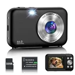 Produktbild: Digitalkamera, Fotokamera Kompaktkamera mit 32GB Karte, 1080P 44MP Kamera Fotokamera mit 16X Digitalzoom und 1 Batterien, 2.4” LCD Kamera für Kinder, Teenager, Anfänger (Schwarz)