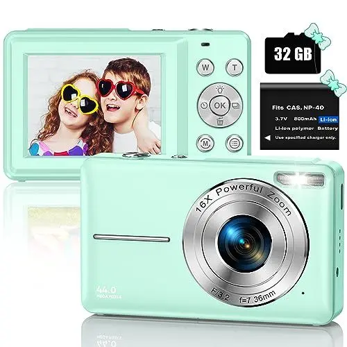 Produktbild: Digitalkamera Fotokamera Kompaktkamera mit 32GB SD-Karte, 1080P 44MP Mini, 2,5‘’LCD Wiederaufladbare Digital Kamera mit 16X Digitalzoom für Kinder, Erwachsene, Jungen, Mädchen(Grün)