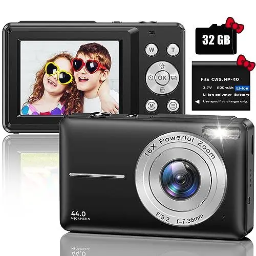 Produktbild: Digitalkamera Fotokamera Kompaktkamera mit 32GB SD-Karte, 1080P 44MP Mini Digitalkameras, 2,5‘’LCD Wiederaufladbare Digital Kamera mit 16X Digitalzoom für Kinder, Erwachsene, Jungen, Mädchen(Schwarz)