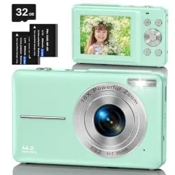 Produktbild: Digitalkamera Fotokamera mit 32GB Karte, 1080P FHD 44MP Kinder Kamera 2,4 '' LCD 16X Digital Zoom Kompaktkamera, Tragbare Fotoapparat mit 2 Akku, Kamera für Kinder, Teenager, Anfänger(Grün)
