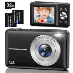 Produktbild: Digitalkamera Fotokamera mit 32GB Karte, 1080P FHD 44MP Kinder Kamera 2,4 '' LCD 16X Digital Zoom Kompaktkamera, Tragbare Fotoapparat mit 2 Akku, Kamera für Kinder, Teenager, Anfänger (Schwarz)