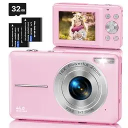 Produktbild: Digitalkamera Fotokamera mit 32GB Karte, 1080P FHD 44MP Kinder Kamera 2,4 '' LCD 16X Digital Zoom Kompaktkamera, Tragbare Fotoapparat mit 2 Akku, Kamera für Kinder, Teenager, Anfänger(Rosa)