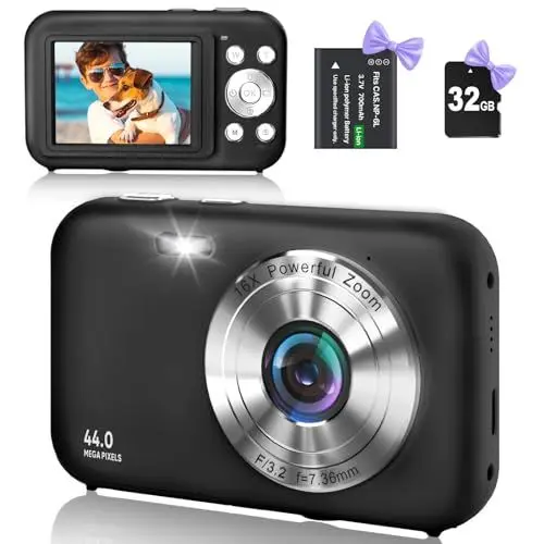 Produktbild: Digitalkamera Fotokamera mit 32GB SD-Karte, HD 1080P 44MP, Kamera Fotokamera Fotoapparat, LCD Wiederaufladbare Digital Kamera mit 16X Digitalzoom digicam für Kinder, Erwachsene(Schwarz)