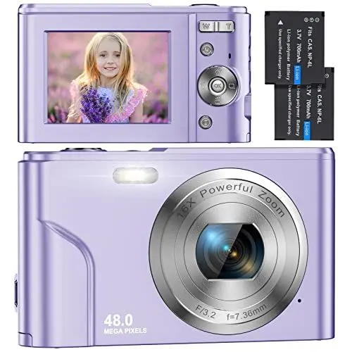 Produktbild: Digitalkamera, Kompaktkamera 1080P FHD 48MP Fotokamera Autofokus Mini Videokamera mit 16X Digitalzoom, und 2 Batterien Wiederaufladbare kinderkamera Geschenk für Kinder Studenten Teenager