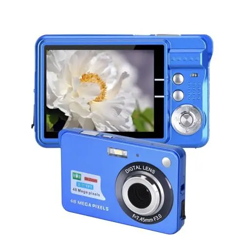 Produktbild: Digitalkamera für Teenager, 4K 48MP Ultra HD Point and Shoot Kamera, 2,7 Zoll LCD Wiederaufladbare Studenten-Kompaktkamera mit 8-fachem Digitalzoom, Vlogging-Kameras, (Blau)