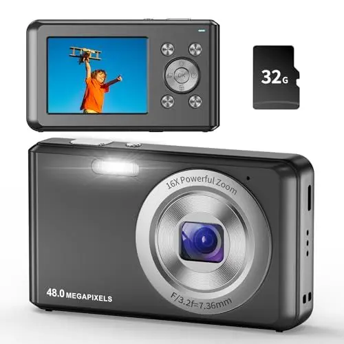 Produktbild: Digitalkamera,HD 1080P Fotokamera Kompaktkamera mit 32GB Karte, 48MP Fotoapparat 2,4 '' LCD 16X Digital Zoom Digital Kamera für Teenager, Anfänger(Schwarz)
