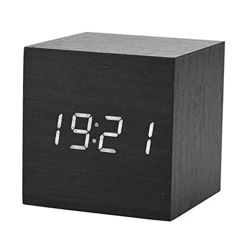 Produktbild: Dioche Digitaluhr, Würfel Wecker 6x6x6cm, Holz Elektronische Digital Alarm Schreibtisch Uhr Temperatur LED Display Voice Control Schwarz