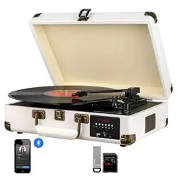 Produktbild: DIGITNOW! Bluetooth Plattenspieler Turntable mit Stereo-Lautsprecher, unterstützt USB-Stick- und SD-Karten-Aufnahme / 3 Geschwindigkeiten (33/45 / 78 U/min) / AM- und UKW-Radio/Aux-Eingang/Cinch