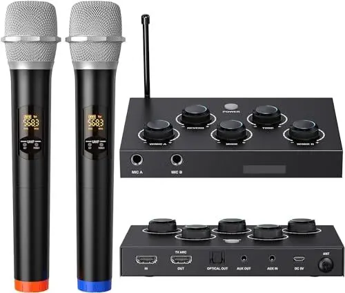 Produktbild: DIGITNOW! Kabelloses Karaoke-Mikrofon, Bluetooth, kabelloses UHF-Mikrofonsystem, doppelt, professionell, für Karaoke, TV, Party, DJ, Kirche, Hochzeit, Meeting, mit HDMI Arc, Aux, Optisch