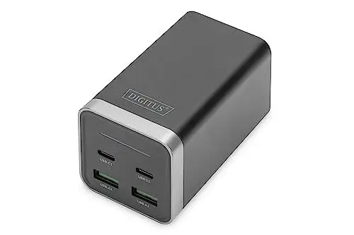 Produktbild: DIGITUS 4-Port Universal USB-Ladeadapter, 65W GaN, 2X USB-C, 2X USB-A, PD3.0, Schwarz/Silber