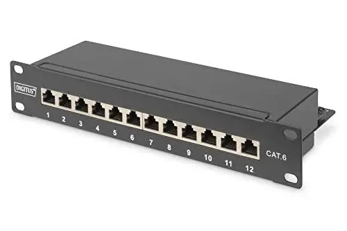 Produktbild: DIGITUS Cat-6 Patchpanel - 12 Ports - RJ45-Buchsen - 10-Zoll Rack-Mount 1HE - LSA Verteilerfeld - Geschirmt - Schwarz