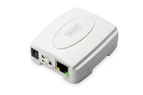 Produktbild: DIGITUS Fast Ethernet Printserver mit USB 2.0, 1x RJ45, 1x USB A, betriebssystem unabhängig, Drucker Server, DHCP fähig, TCP/IP, Einfache Installation, inkl. Netzteil, Weiß