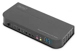 Produktbild: DIGITUS KVM-Switch DisplayPort – 2-Port Single-Display – 2 PC 1 Monitor – 1x Maus, Tastatur & Audio für 2 Computer – UHD 4K@60Hz (4096 x 2160p) – Hot-Key Umschalter – 2x USB 3.0 Hub – Schwarz