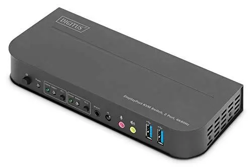 Produktbild: DIGITUS KVM-Switch DisplayPort – 2-Port Single-Display – 2 PC 1 Monitor – 1x Maus, Tastatur & Audio für 2 Computer – UHD 4K@60Hz (4096 x 2160p) – Hot-Key Umschalter – 2x USB 3.0 Hub – Schwarz