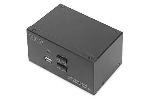 Produktbild: DIGITUS KVM-Switch HDMI – 2-Port Dual-Display – 2 PC 2 Monitore – 1x Maus, Tastatur & Audio für 2 Computer – UHD 4K@30Hz (3840 x 2160p) – Hot-Key KVM Umschalter – 1x USB 2.0 Hub – Schwarz