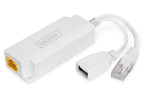Produktbild: DIGITUS PoE-Splitter - RJ45 Eingang auf RJ45-Stecker & USB-A Buchse - 10/100 Mbit/s - IP40 Schutzklasse - PoE-Standard IEEE802.3at - 100m Reichweite - Cat5e, Cat6, Cat6A