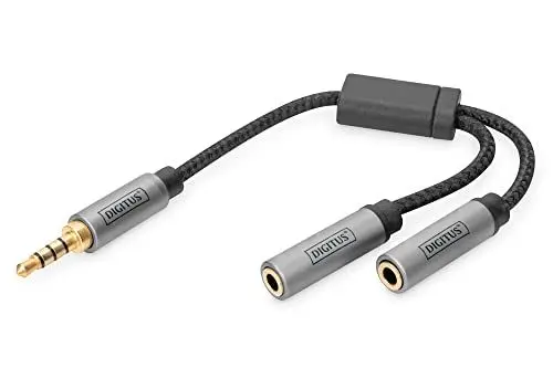 Produktbild: DIGITUS Stereo Headset-Adapter - 2x 3,5mm Buchse auf 3,5mm Klinke - Mikrofon-Adapter - Kopfhörer-Adapter - vergoldete Kontakte - 0,2m - schwarz - für Smartphones, Computer, Laptop, Game-Controller