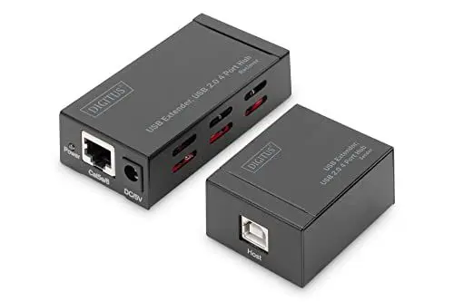 Produktbild: DIGITUS 4 Ports USB Netzwerk Hub & Extender - USB 2.0-50m Reichweite - CAT 5/5e/6 Netzwerkkabel - Sender & Empfänger - Plug & Play - schwarz