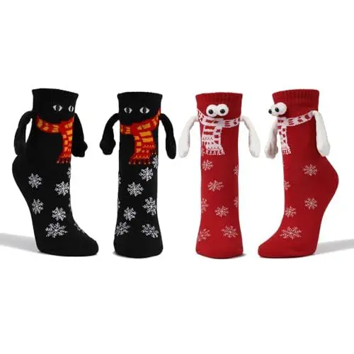 Produktbild: Dihope 2 Paar Lustige Magnetische Weihnachten Socken,3D-P-Uppen-Paar-Weihnachtssocken,Unisex Hand in Hand Socken mit Magnetarmen,Funny Freundschaftssocken für Damen und Herren